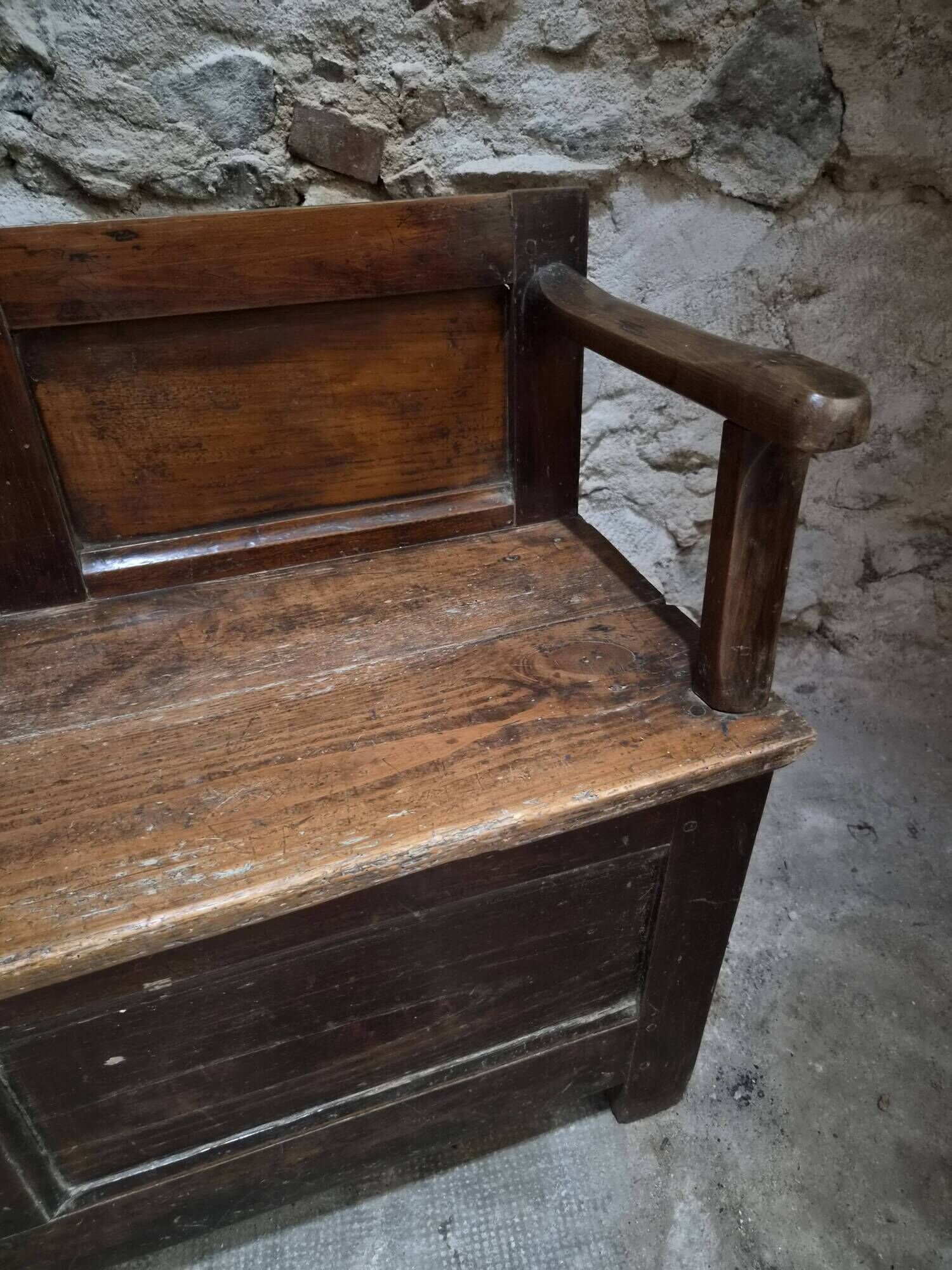 Old French popular art bench from Auvergne, circa 1800–1850