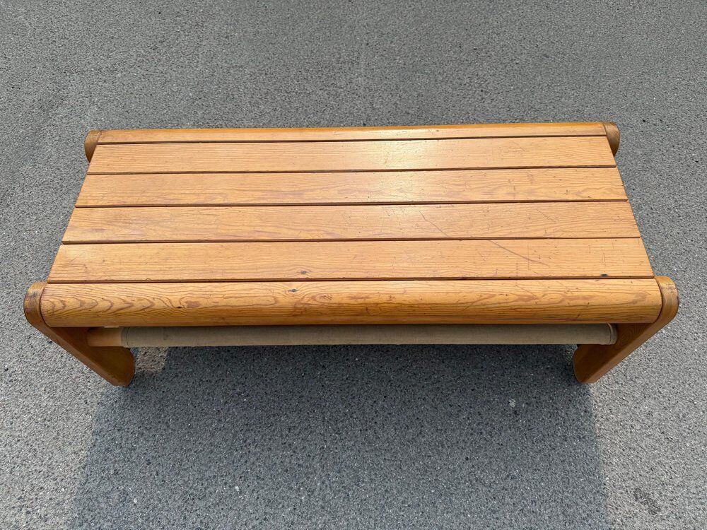 Scandinavian pine bench with canvas storage, 1970s