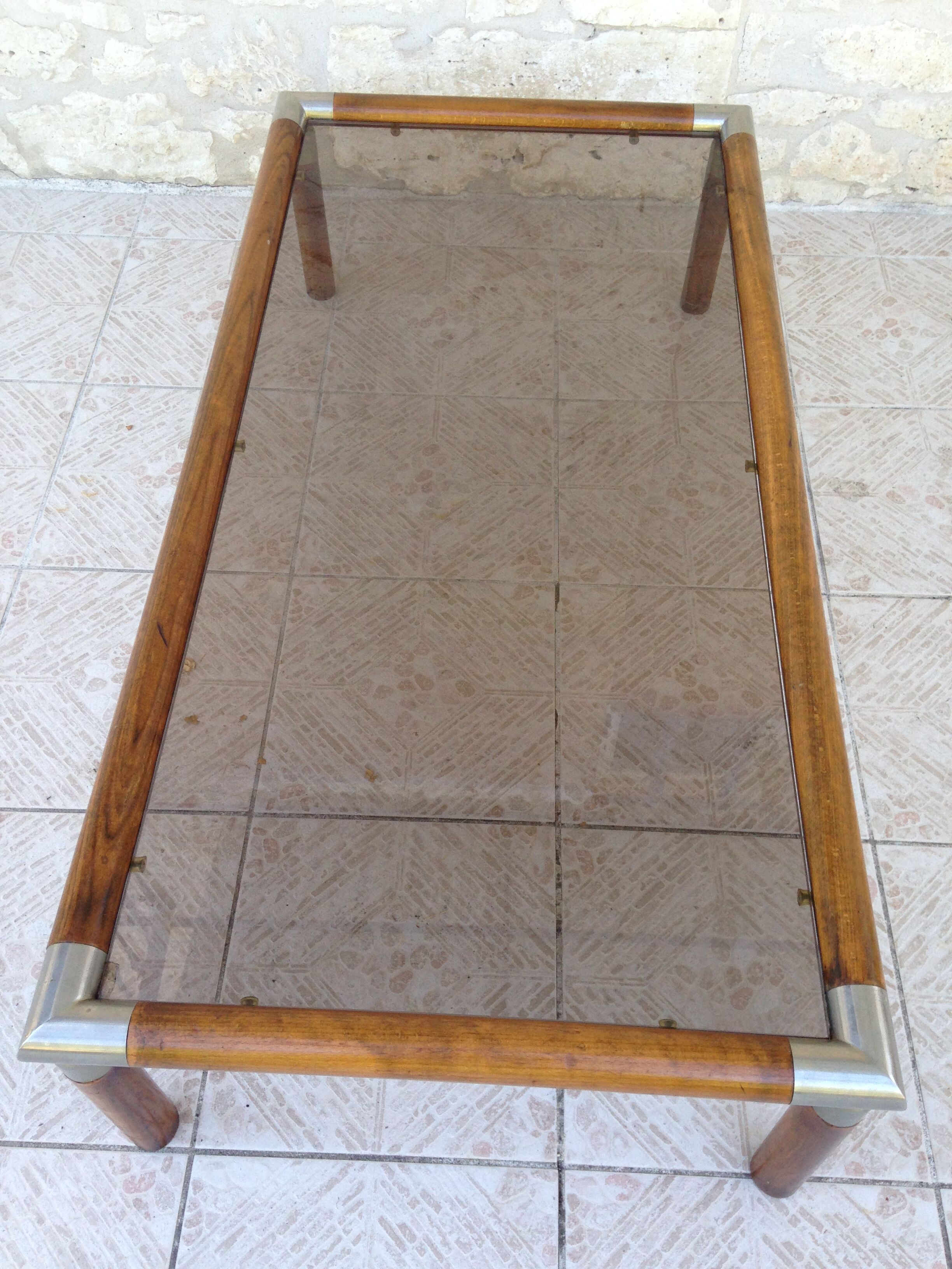 Table design bass, vintage, 70s wood and smoked glass