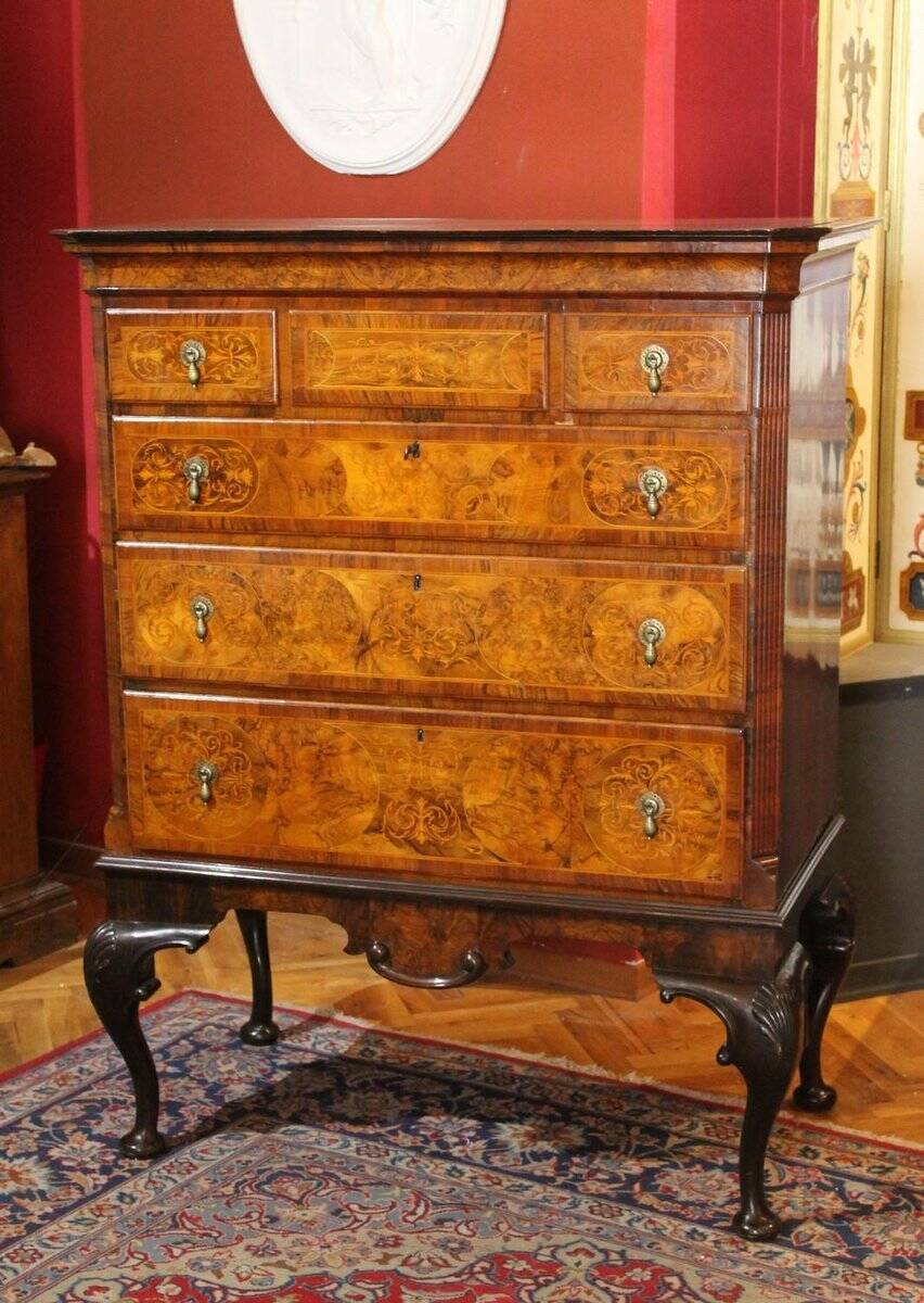 George II Burl Walnut and Marquetry Hightboard, 1890s