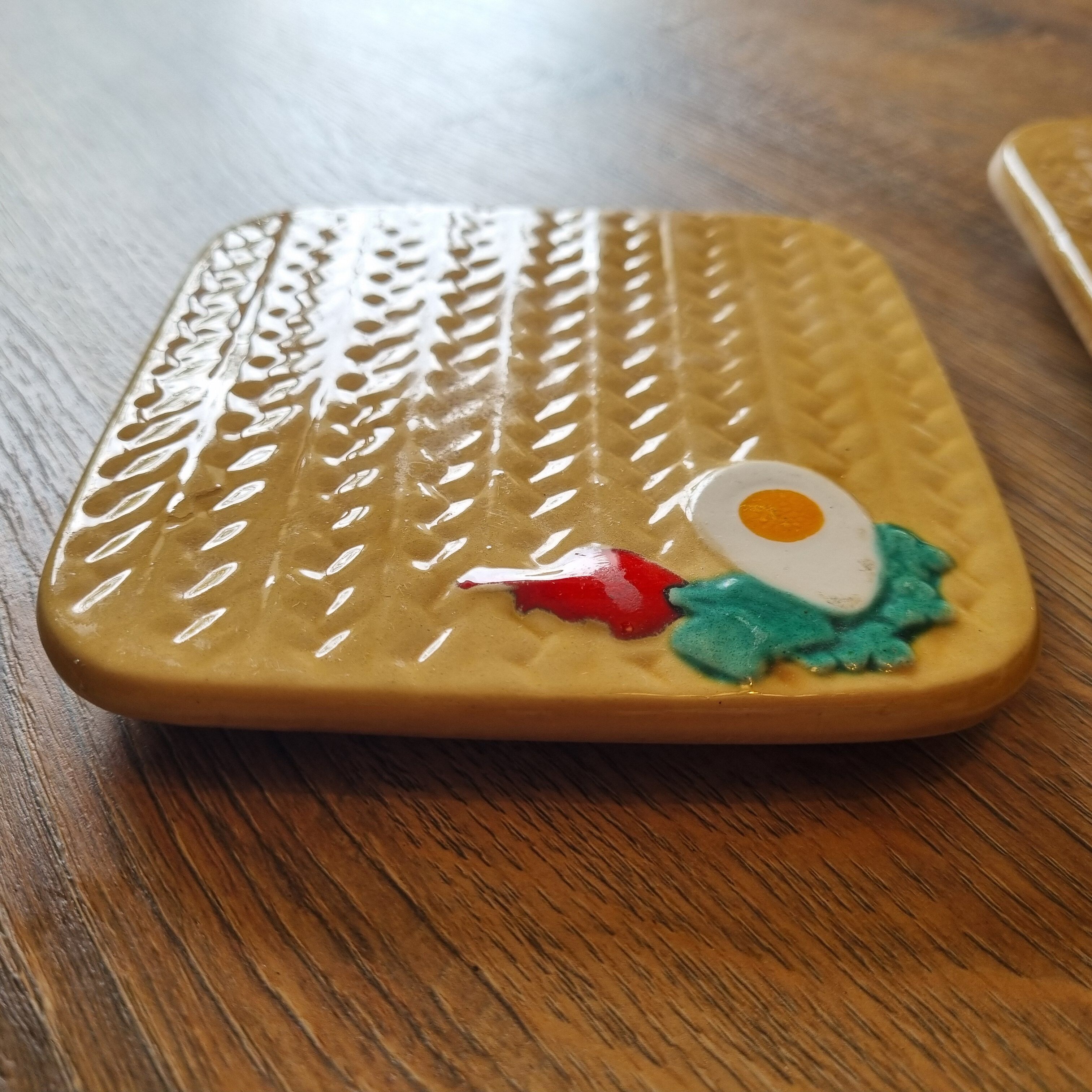 2 vintage glazed ceramic trivets, 1970s
