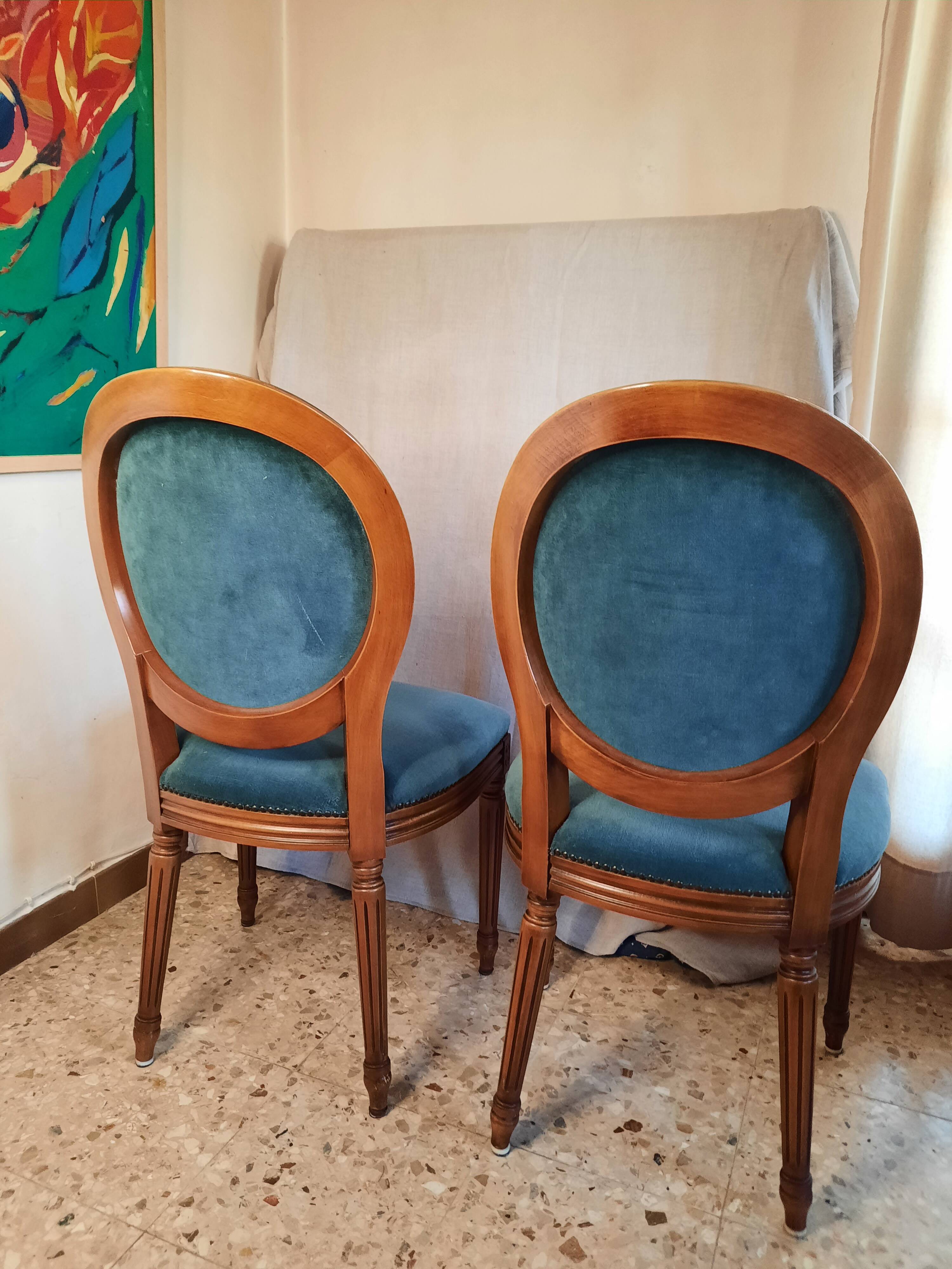 Pair of blue velvet medallion chairs