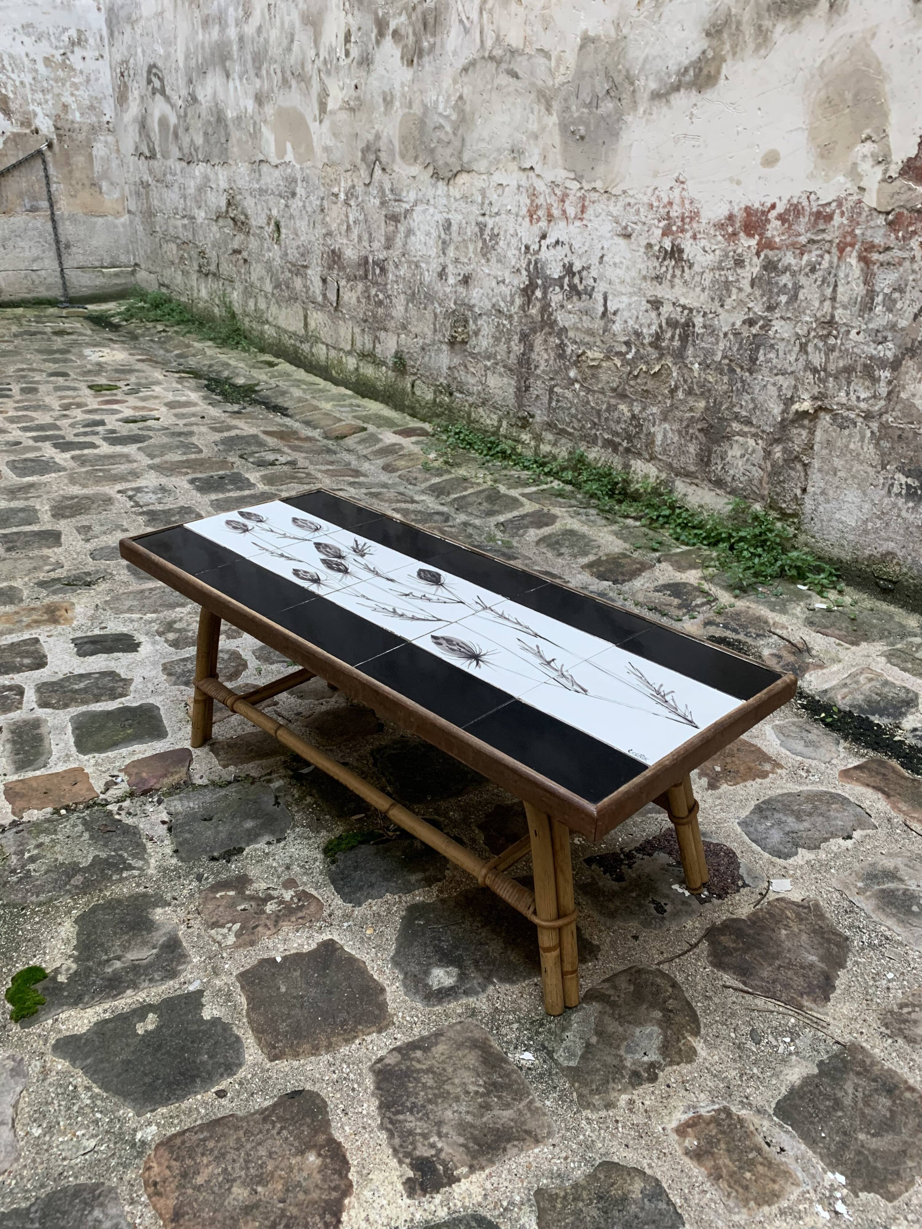 Table by Roger Capron, ceramics and rattan