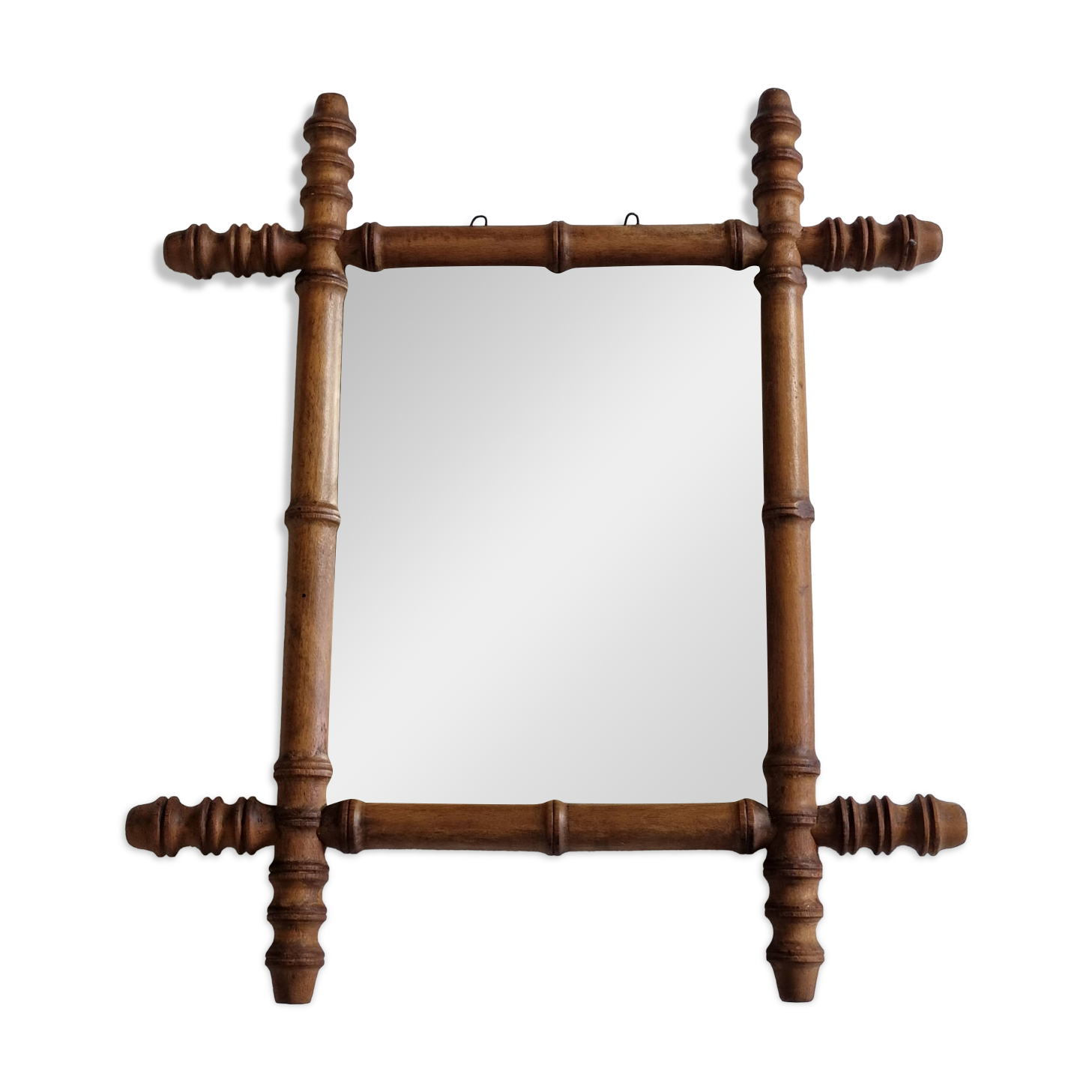 Antique turned wood mirror in bamboo style, late 19th century, 44 x 38 cm