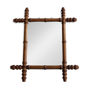 Miroir ancien en bois tourné style bambou, fin XIXe siècle, 44 x 38 cm