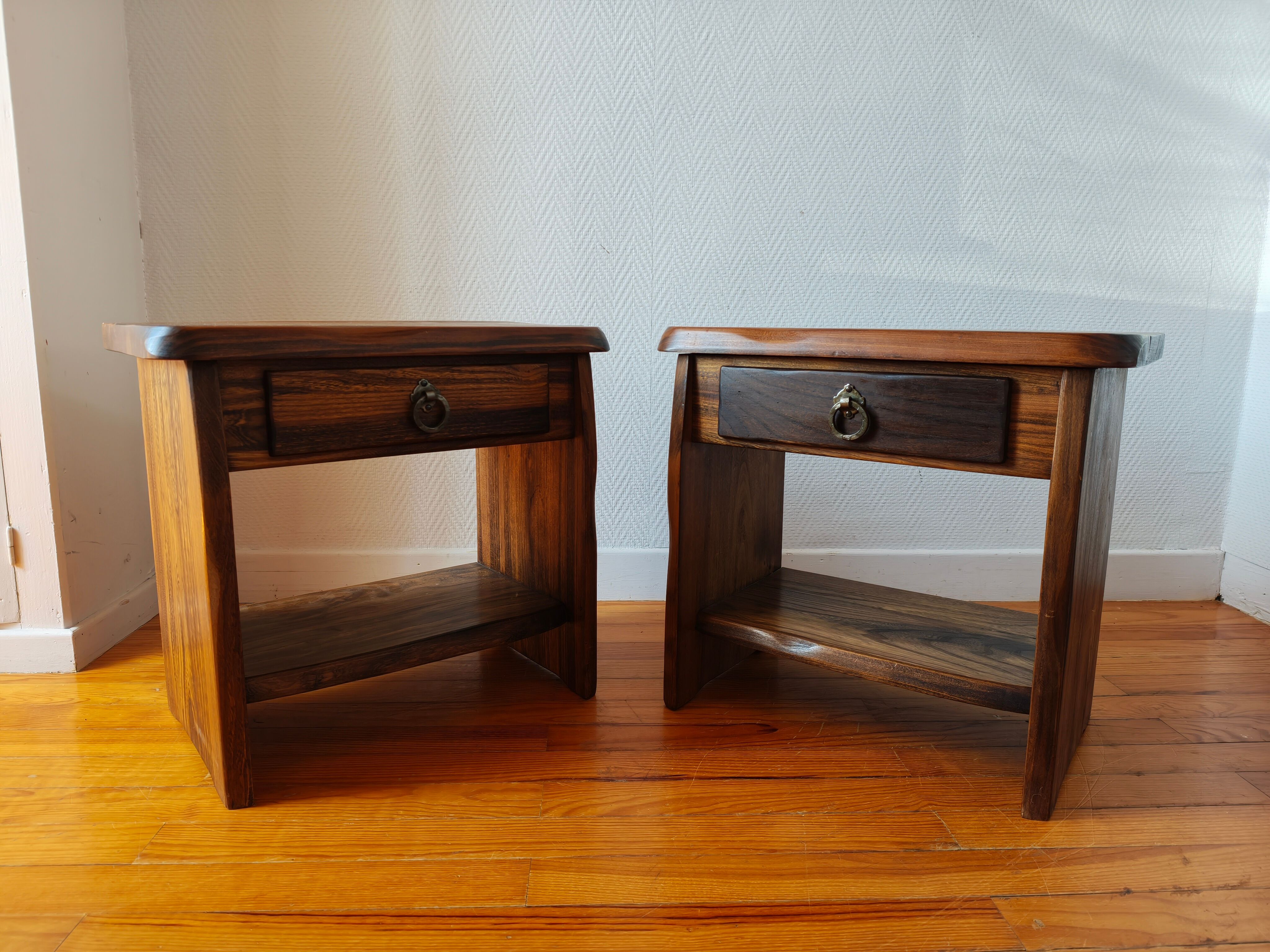 Pair of solid elm bedside tables, France 1970.