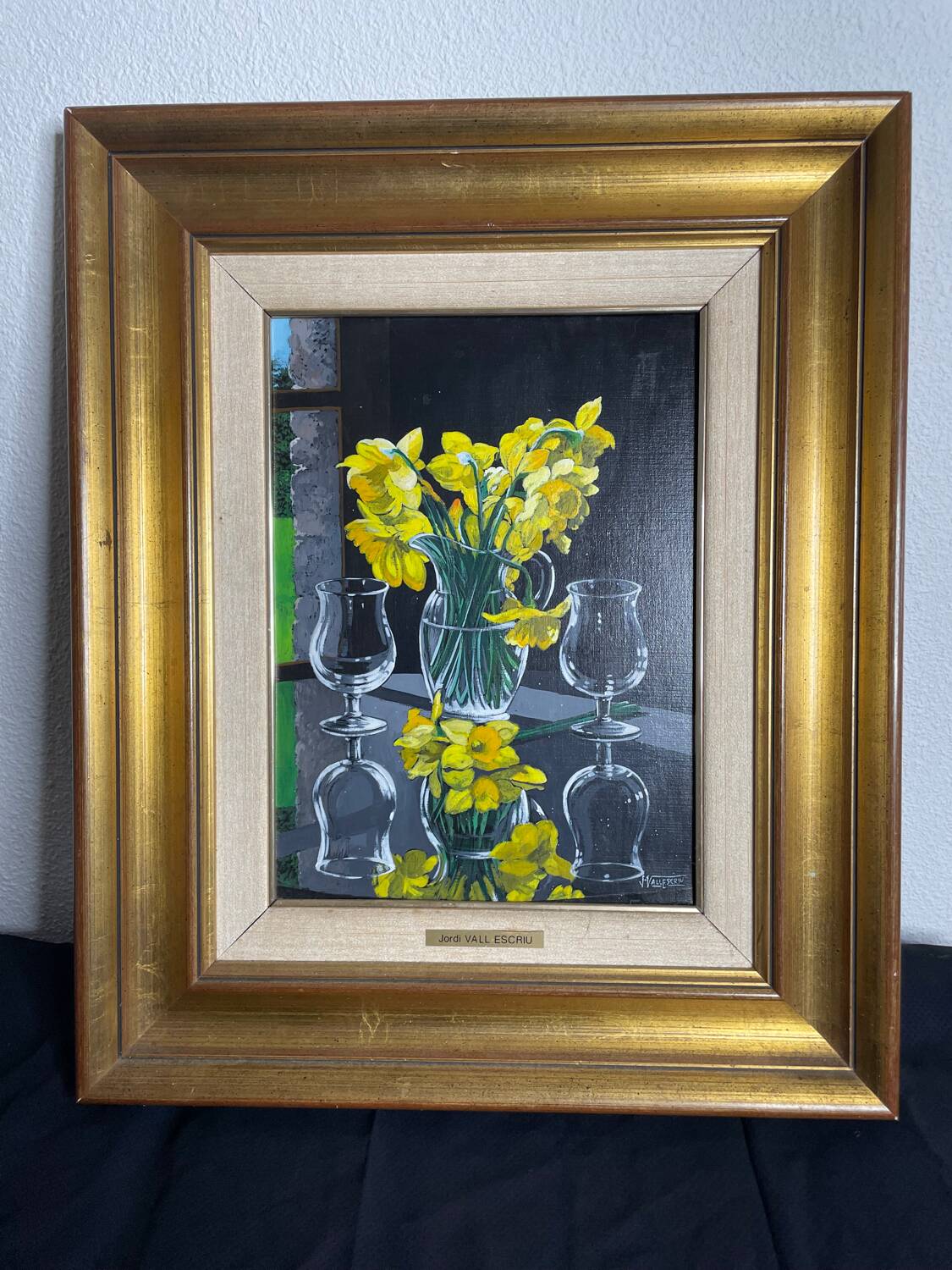 Oil on canvas signed Jordi Vall Escriu Yellow narcissus and two cups