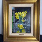Oil on canvas signed Jordi Vall Escriu Yellow narcissus and two cups