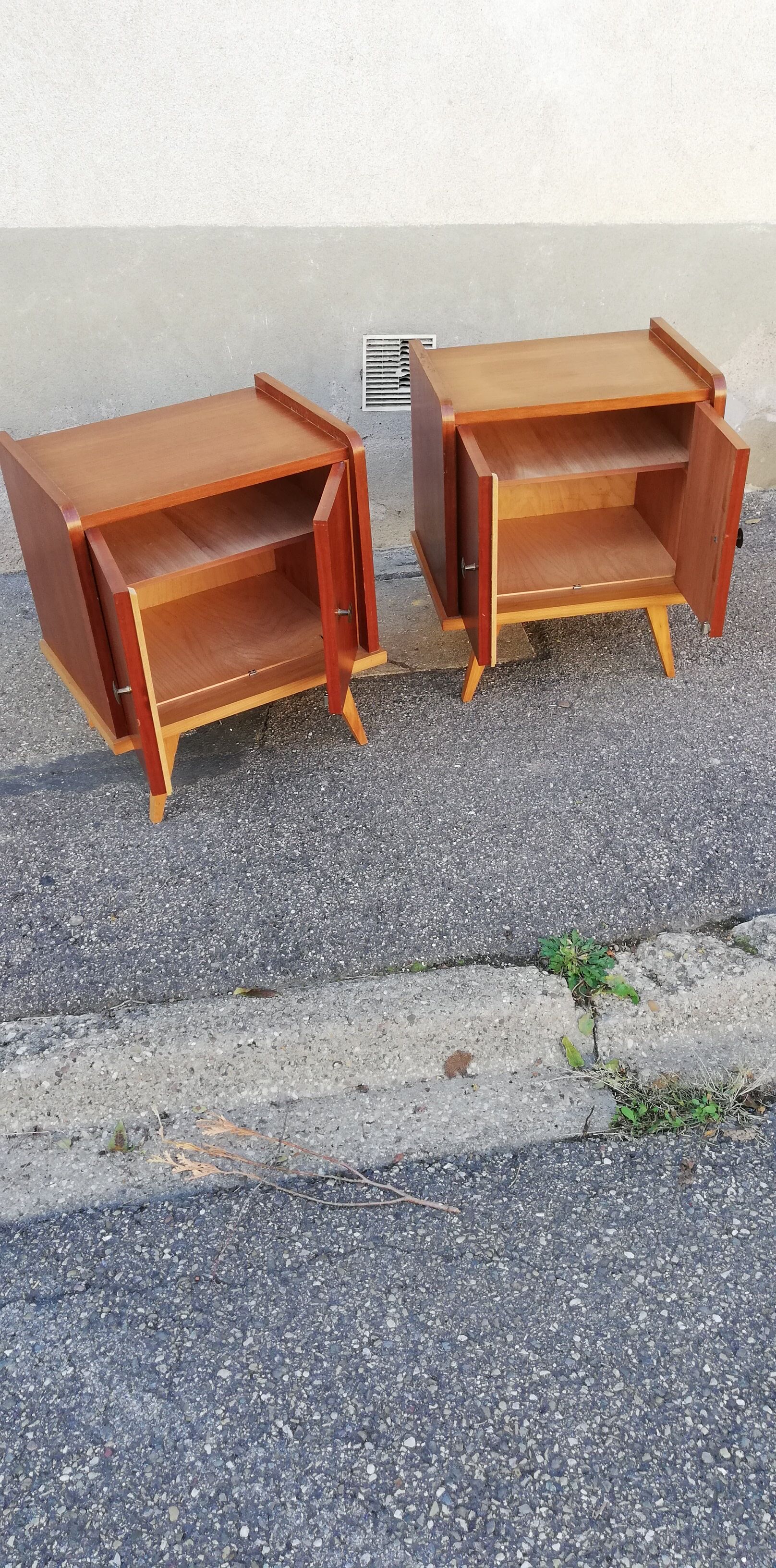 Pair of vintage wooden bedside tables 2 tones