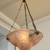 Art Deco glass and bronze pendant light/basin signed Degué