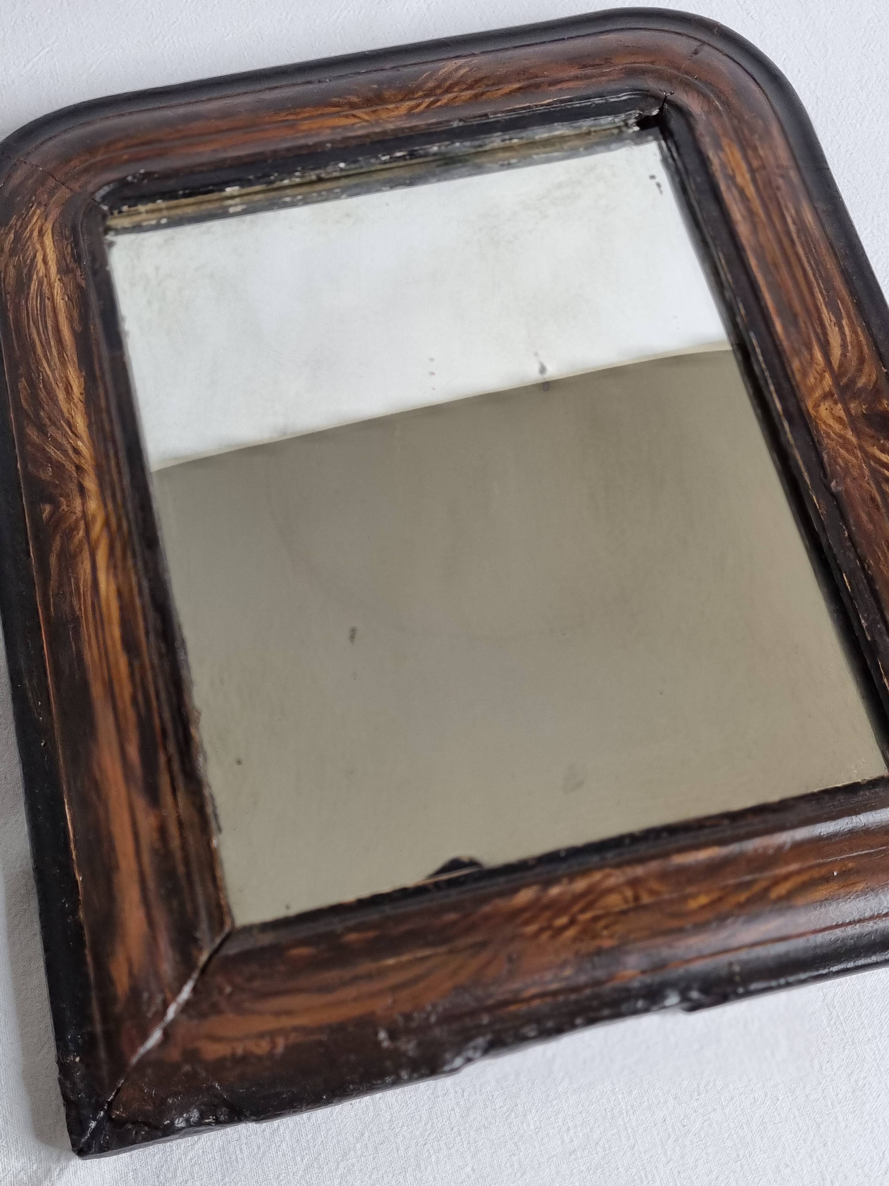 Antique Louis-Philippe mirror, painted wood imitation wood, 30 x 37 cm, 19th century