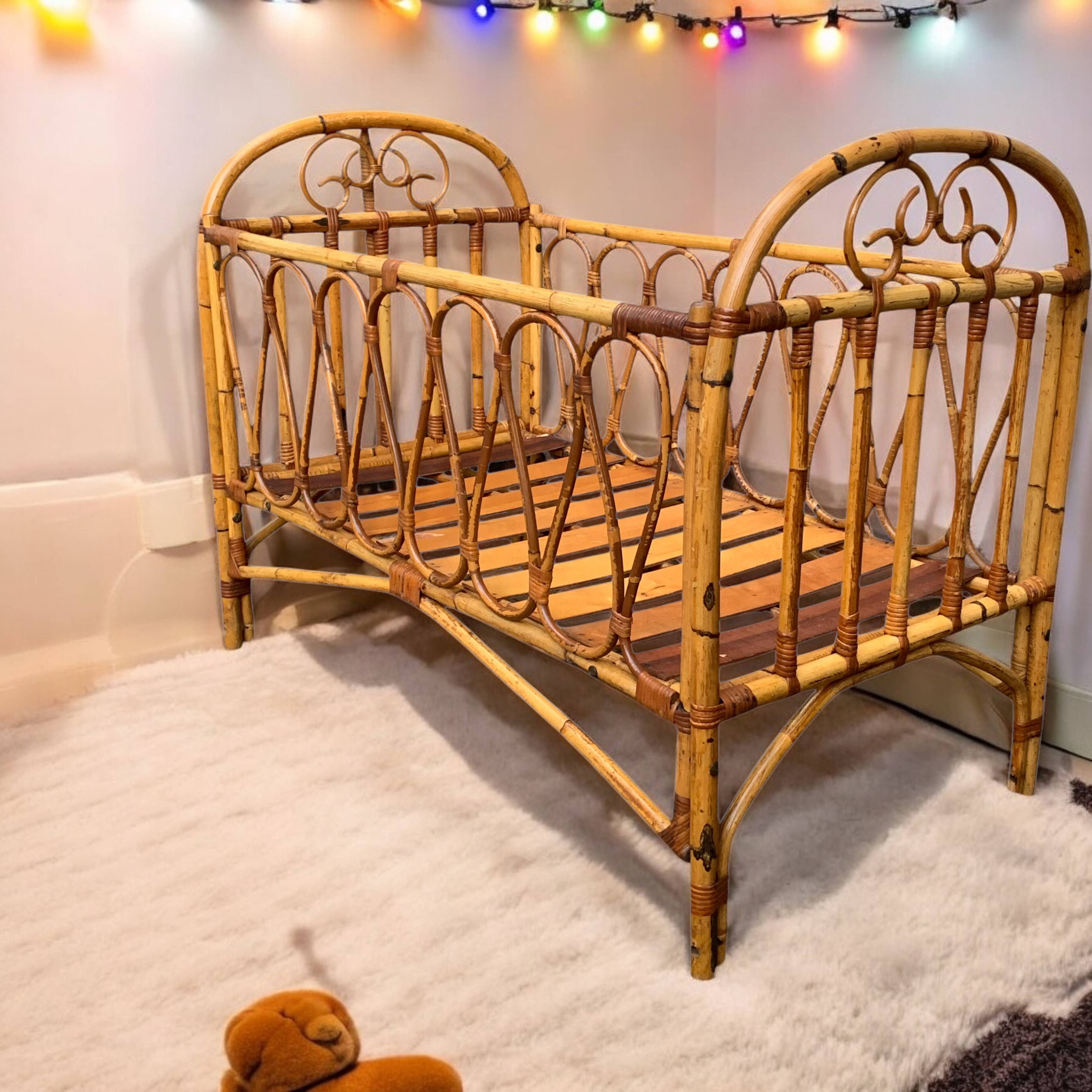 Vintage rattan baby bed 1960