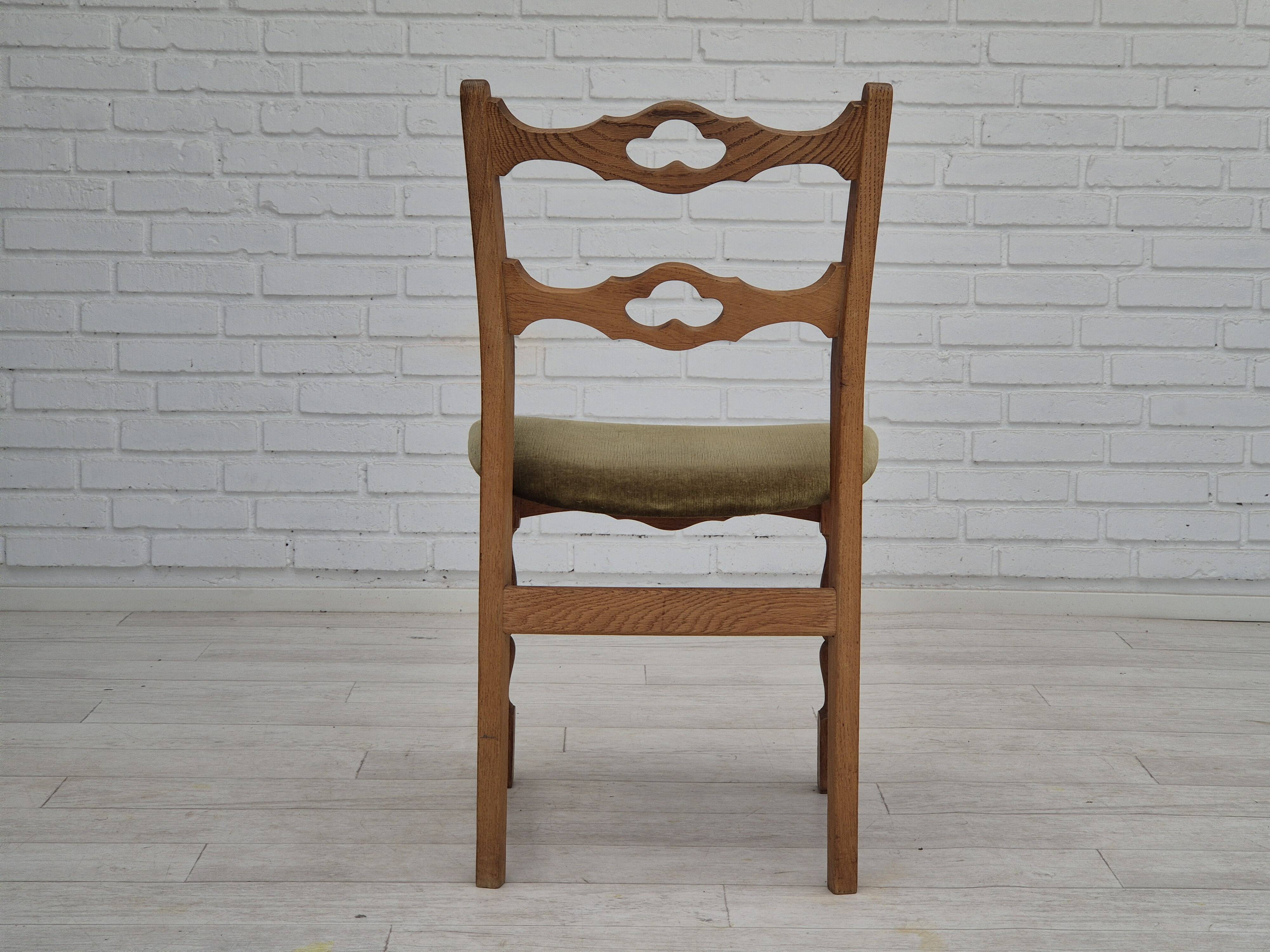 1970s, set of 4 Danish dining chairs, original condition, oak wood, furniture velour.