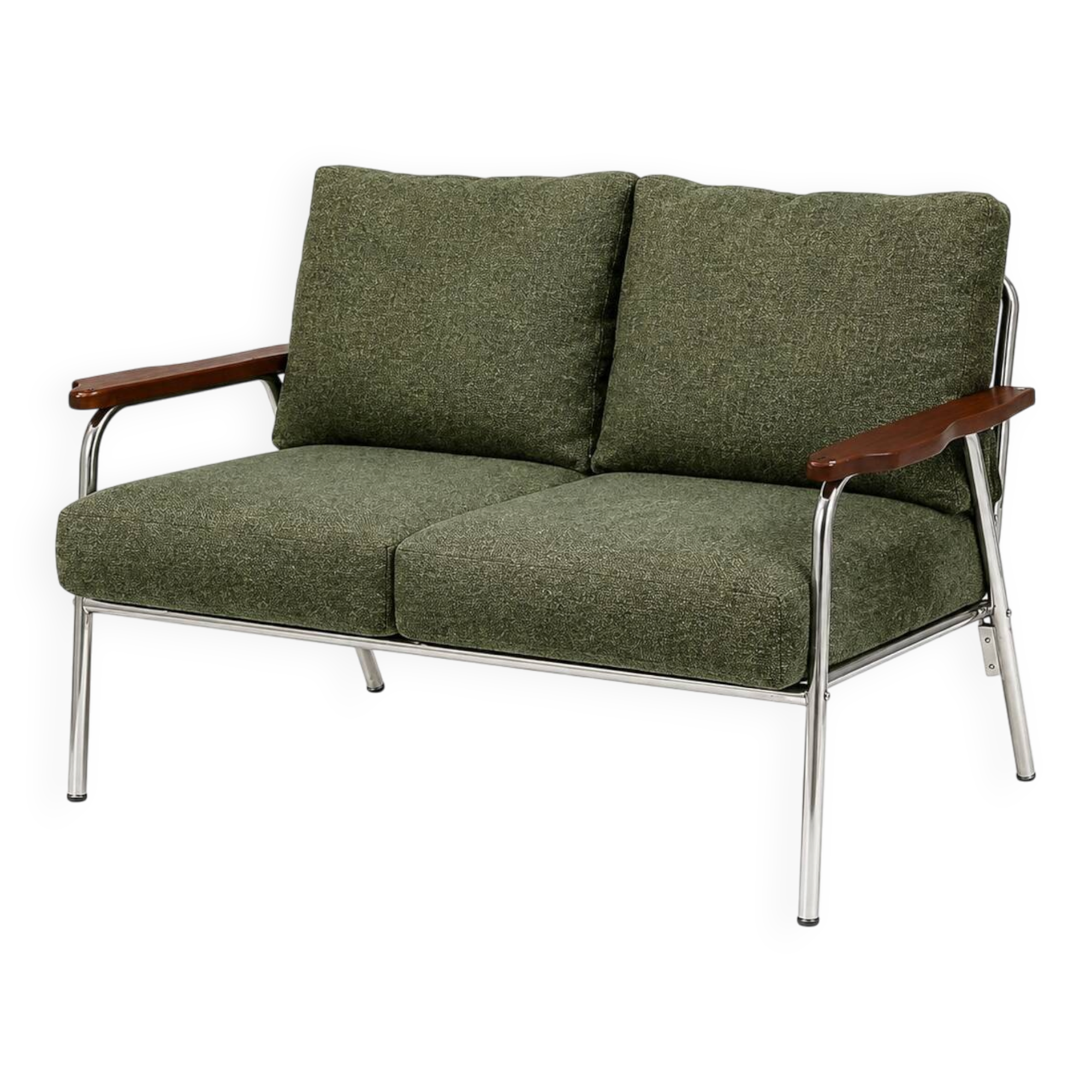 Olive green & chrome mid-century 2-seater sofa