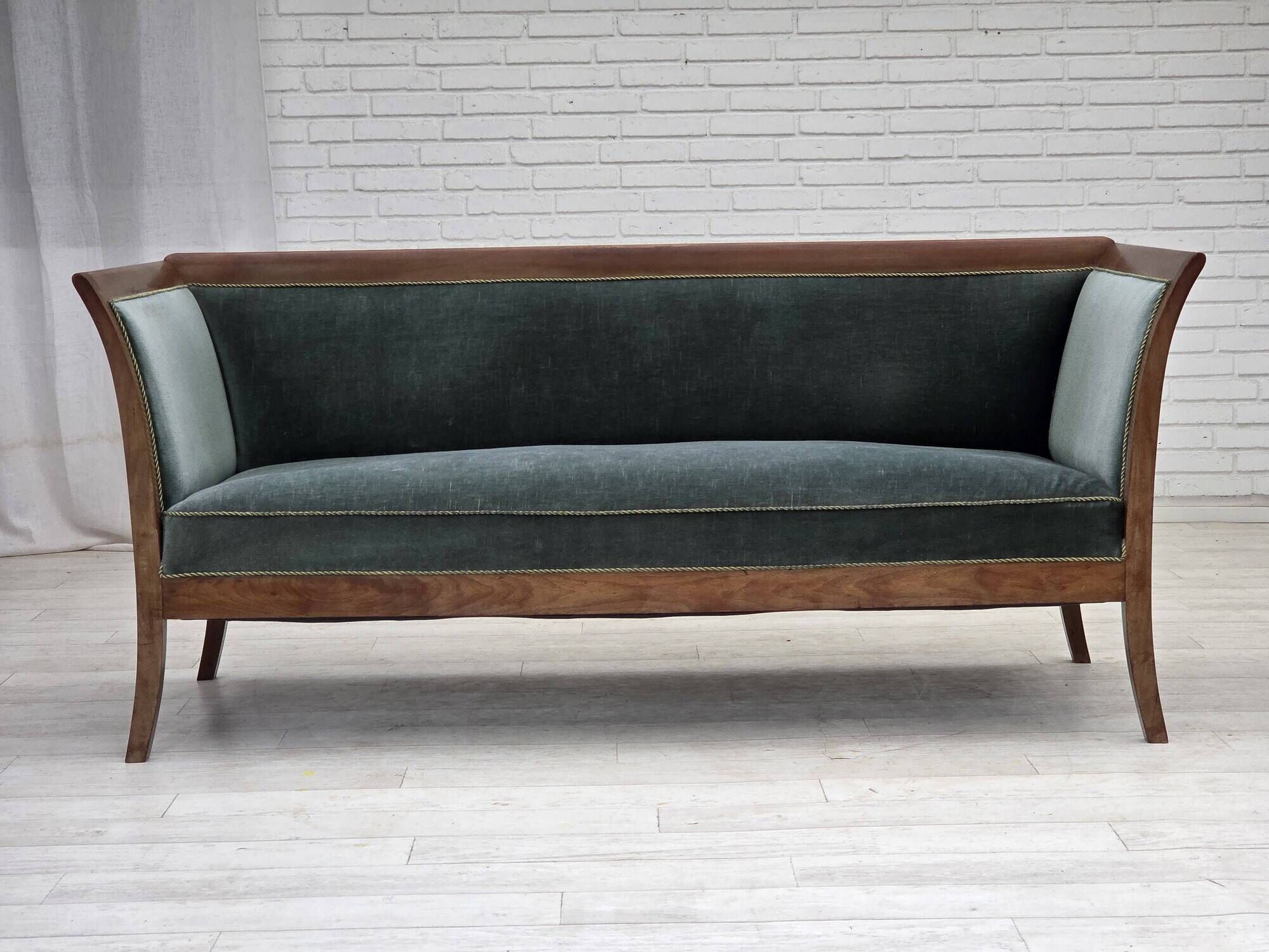 1950s, Danish 3-seater sofa, green/blue furniture velour, ash wood.