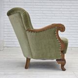 1960s, Danish armchair, green furniture velour, carved oak wood.