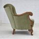Fauteuil danois des années 1960, velours vert, bois de chêne sculpté.