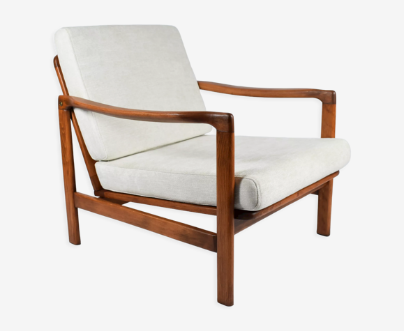 Fauteuil scandinave original Baczyk, années 1960, rénovation, beige, teck