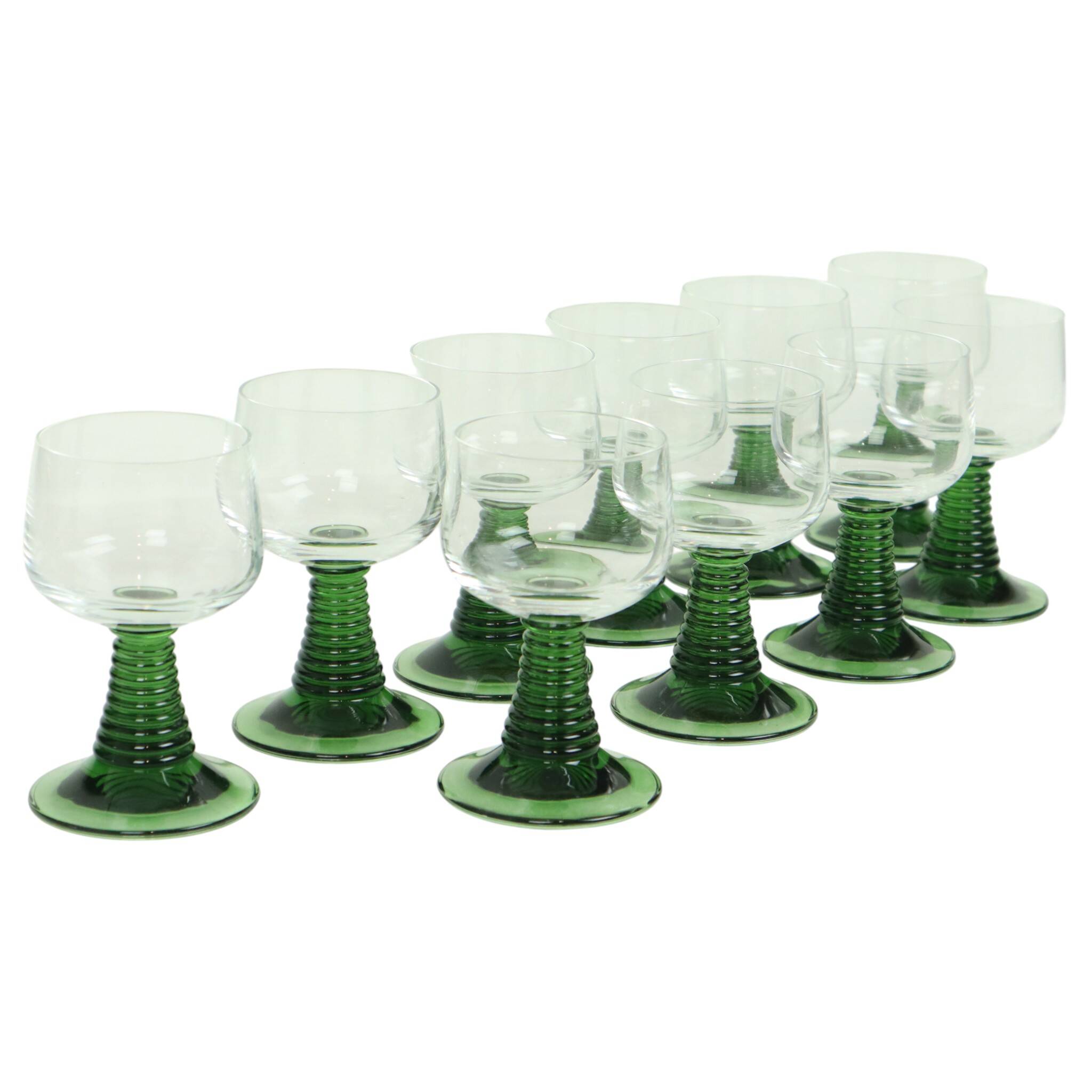 Set of 10 Vintage Roemer Wine Glasses Green Ribbed Foot