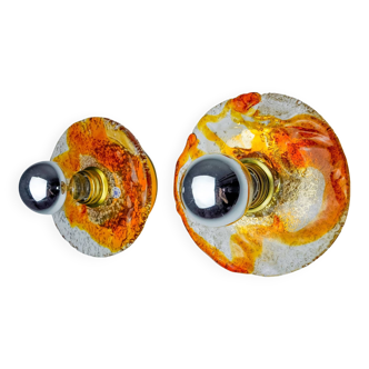Pair of round wall lights by Murano Mazzega in orange frosted glass, Italy, 1970