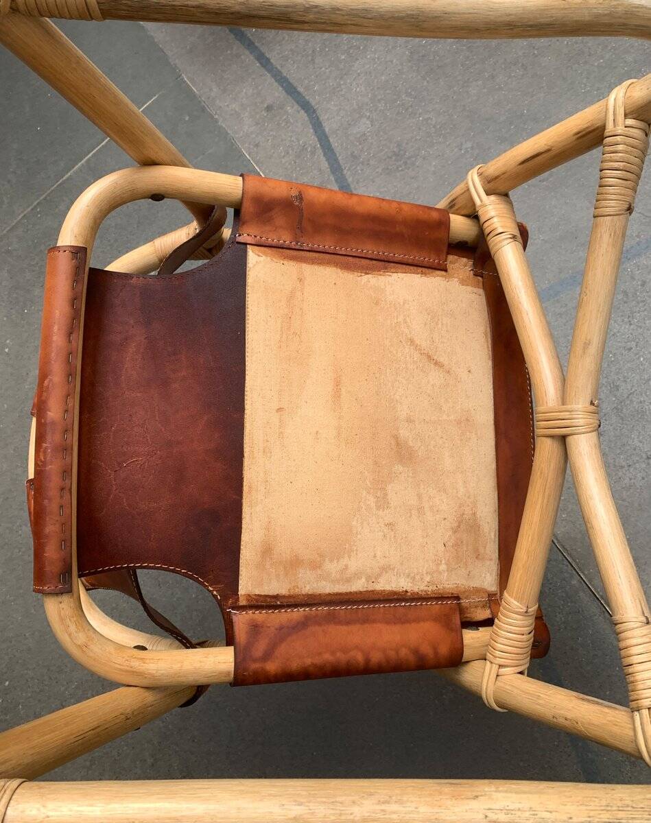 Mid-century safari lounge chair in bamboo and Danish leather, 1960s.