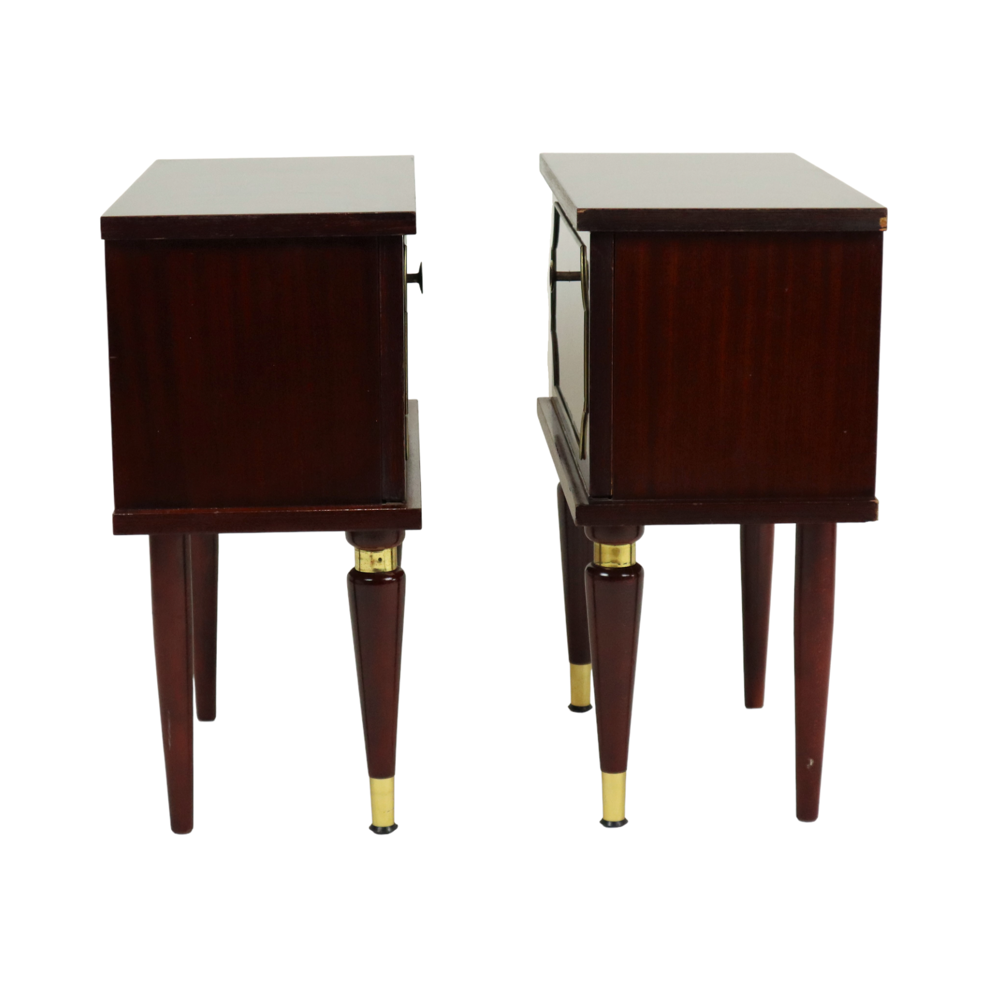 Koppel vintage nachtkastjes mahonie fineer messing regency stijl nachttafels 50cm