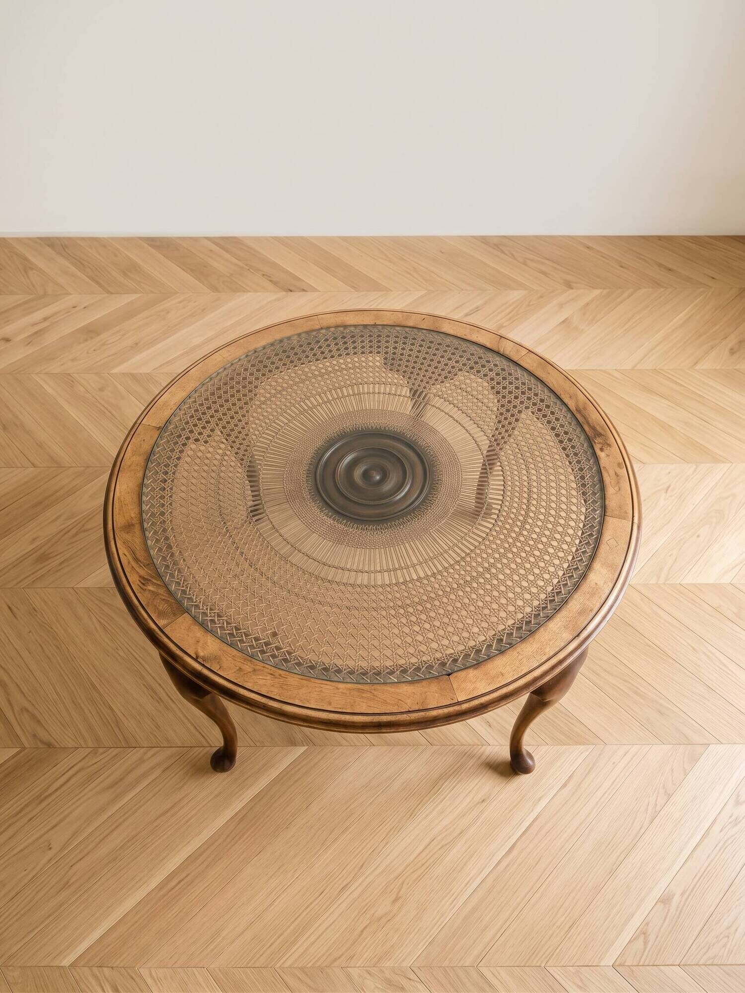 Louis XV coffee table in wood with decorative glass top.