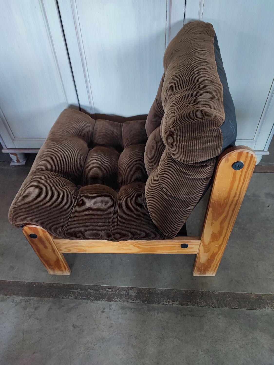Scandinavian pine and velvet armchair