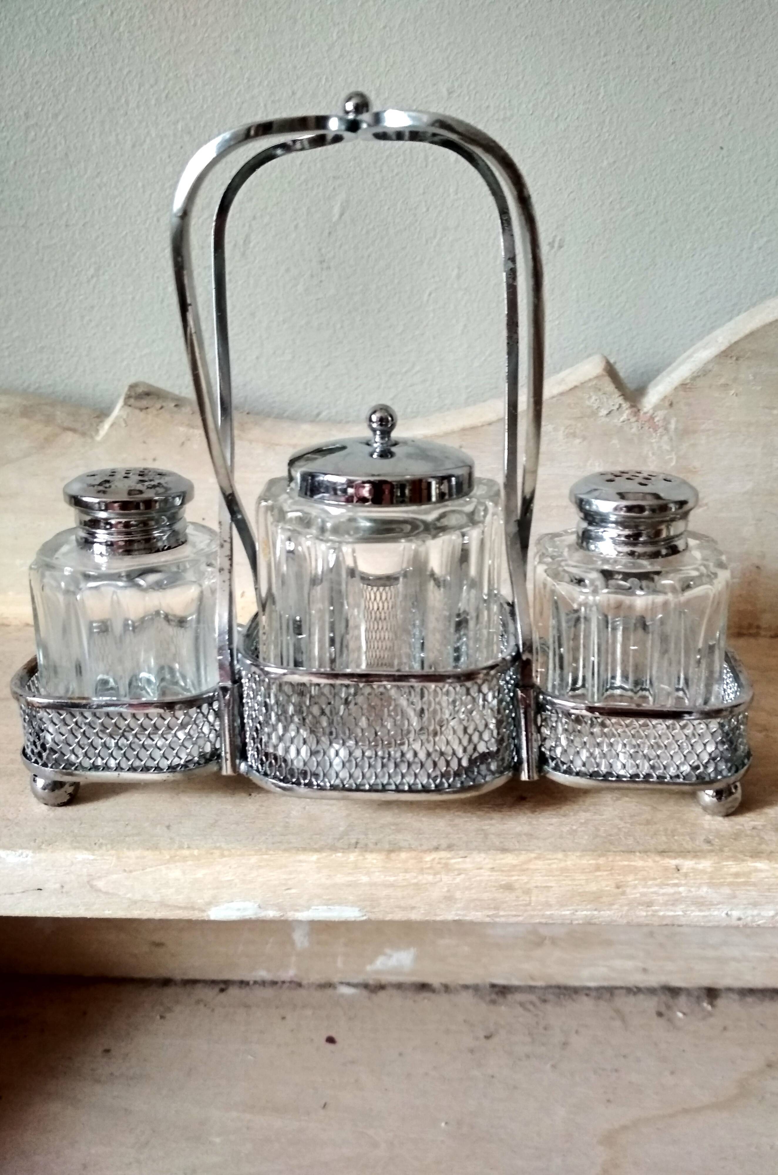 Set of 2 small salt pots and mustard pot in molded glass on their metal servant