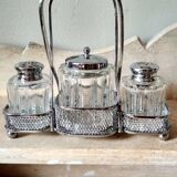 Set of 2 small salt pots and mustard pot in molded glass on their metal servant