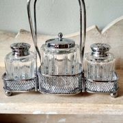 Set of 2 small salt pots and mustard pot in molded glass on their metal servant