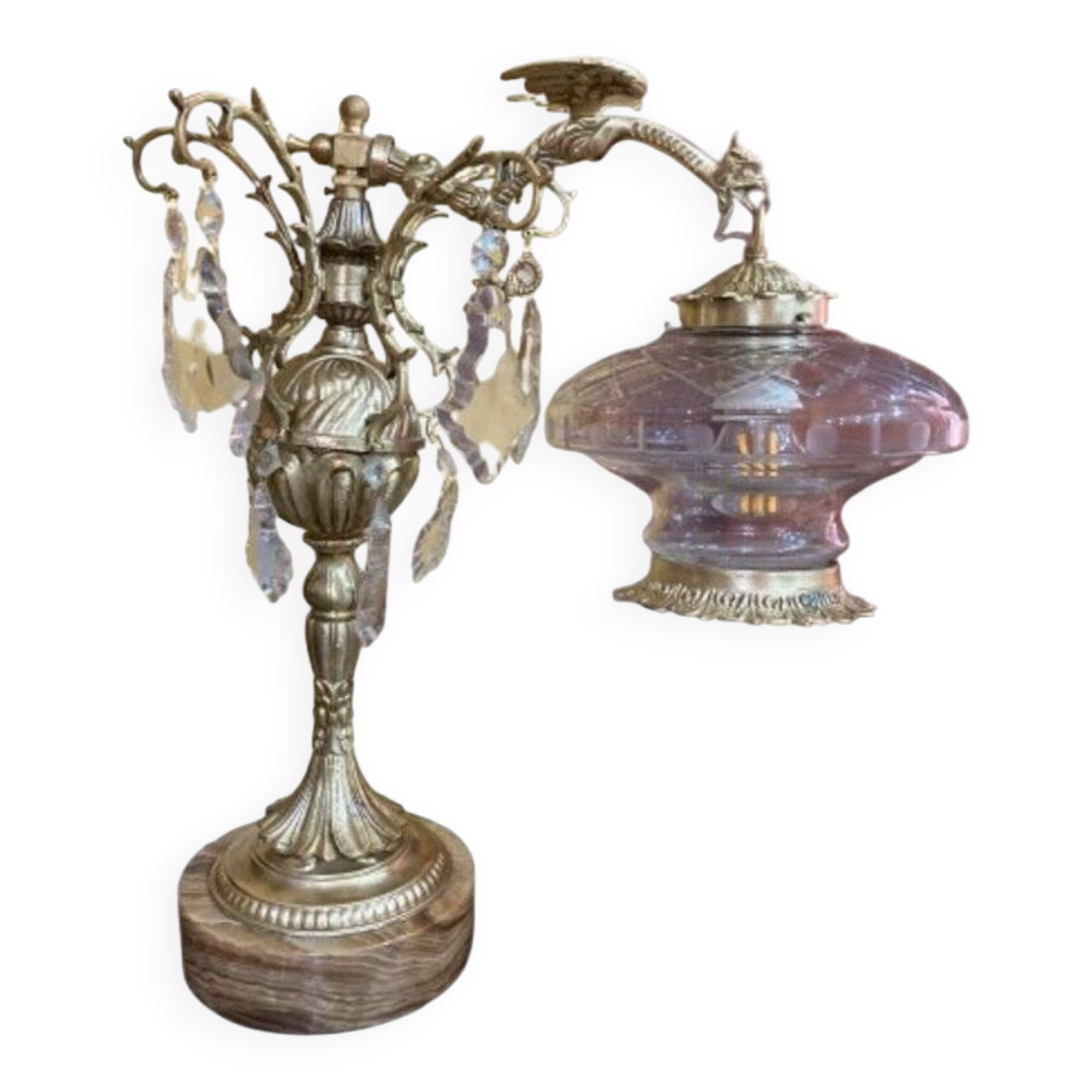 Bronze table lamp with dragon arm and cut glass shade, 1940s