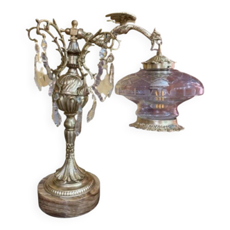 Bronze table lamp with dragon arm and cut glass shade, 1940s