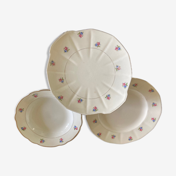 Set of 3 dishes digoin and sarreguemines ecru with flowers