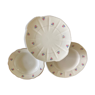 Set of 3 dishes digoin and sarreguemines ecru with flowers