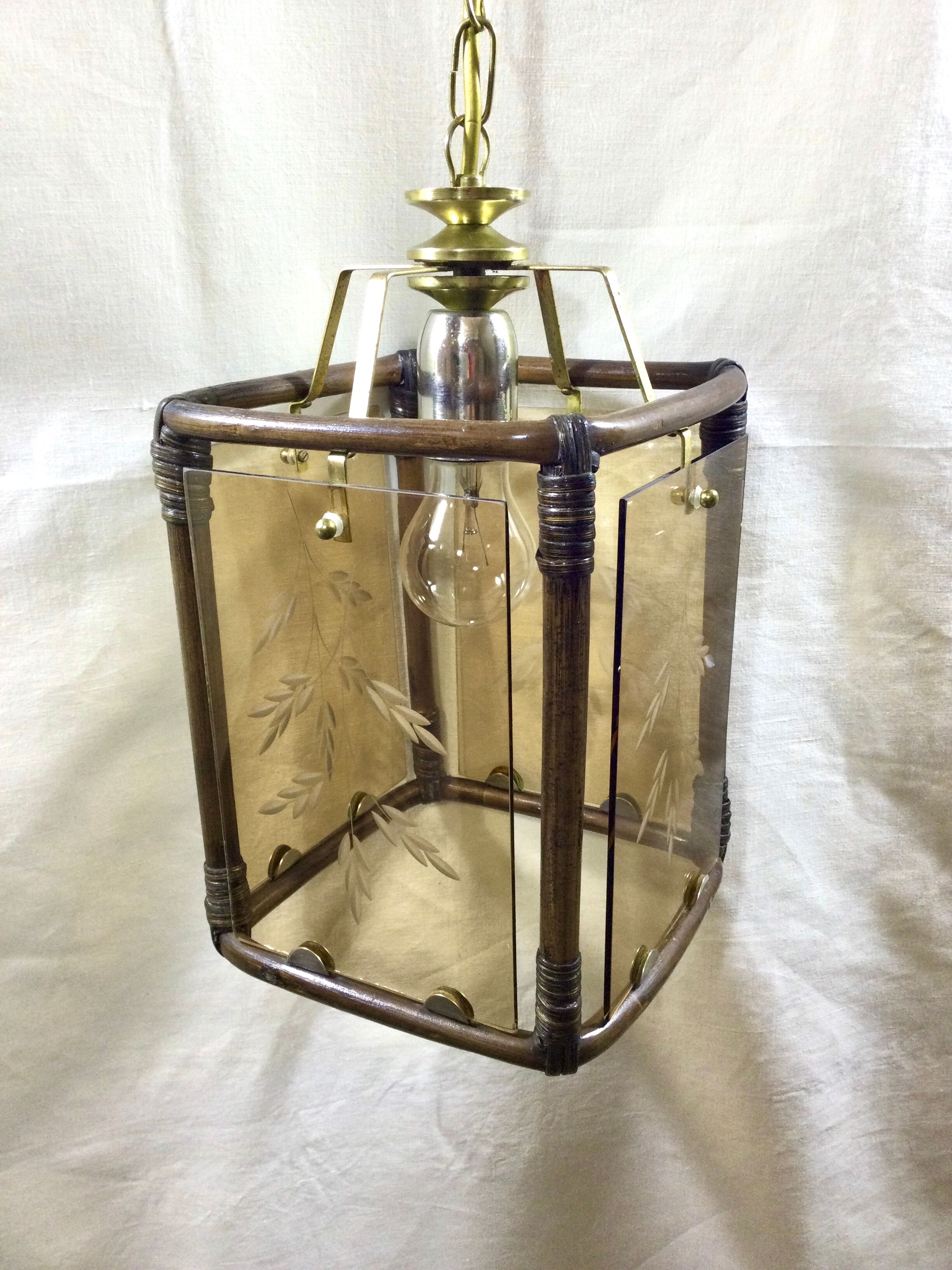 Lantern 1 light bamboo and smoked glasses