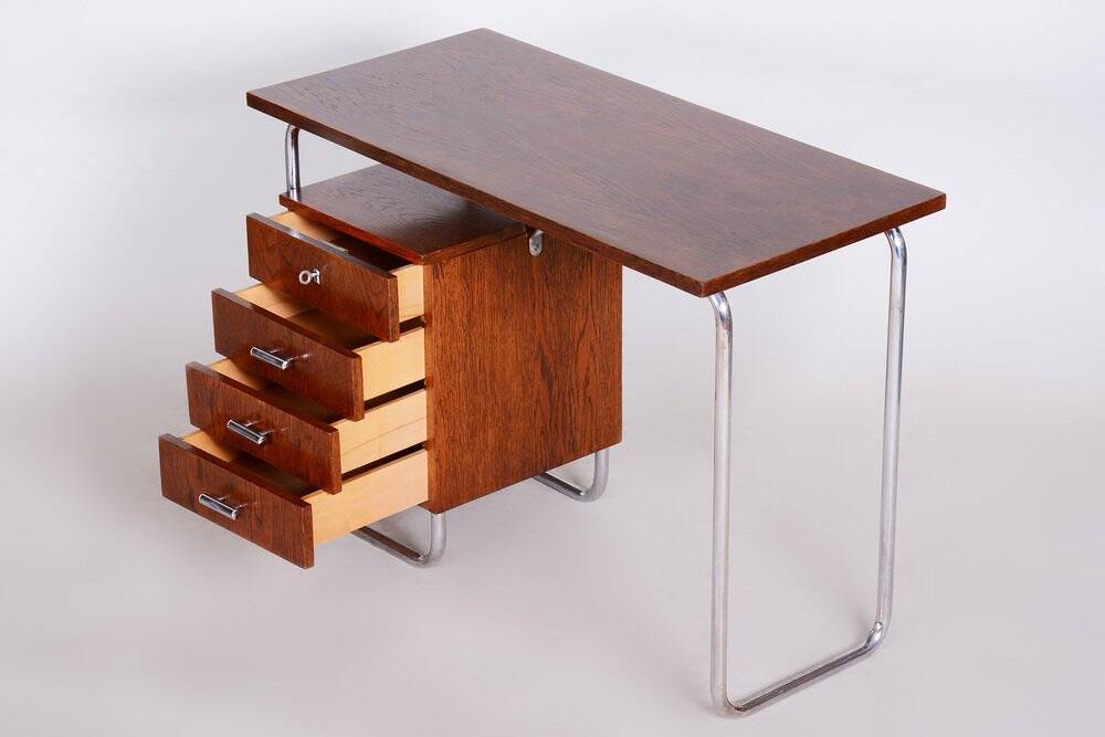 Bauhaus Writing Desk in Oak and Chrome by R. Slezák, Czech, 1930s