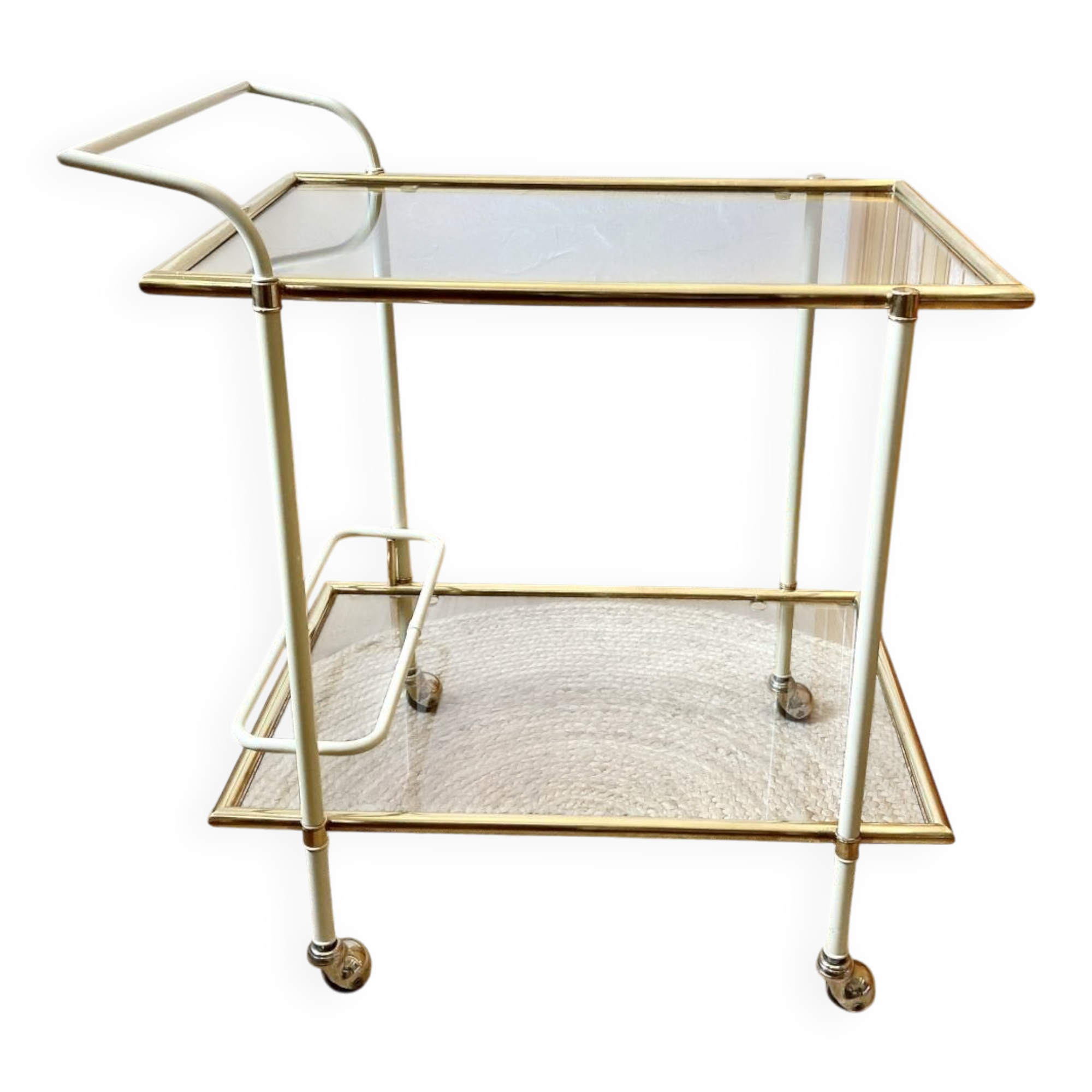 Dessert table with a cream-coloured metal structure and golden brass, 1960s.