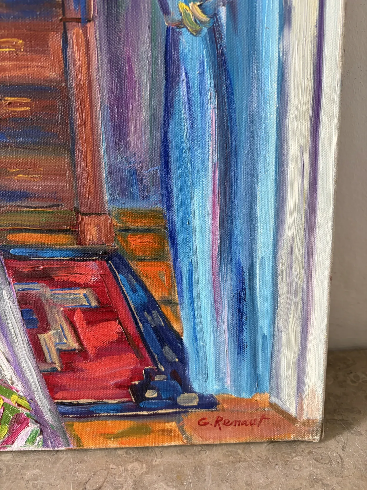 Blue interior with bouquet, oil on canvas signed Gisèle Renaut.