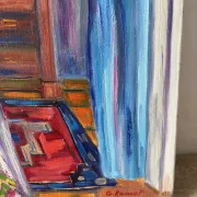 Blue interior with bouquet, oil on canvas signed Gisèle Renaut.