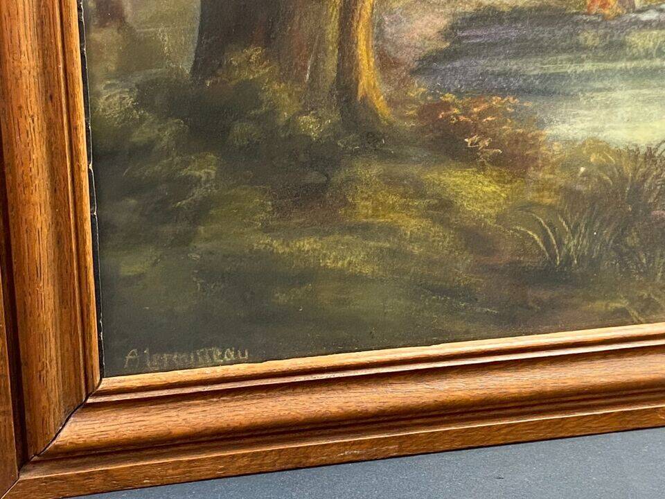 Late 19th century pastel painting signed A. Leroumeau with cows near the pond