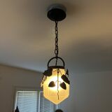 Antique glass and wrought iron pendant light with ivy decor Art Deco chandelier globe