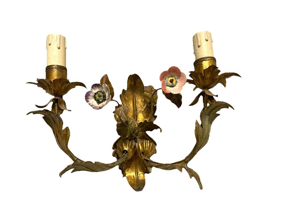 Italian tole sconces with ceramic summer flowers, 1960s , set of 2