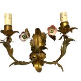 Italian tole sconces with ceramic summer flowers, 1960s , set of 2