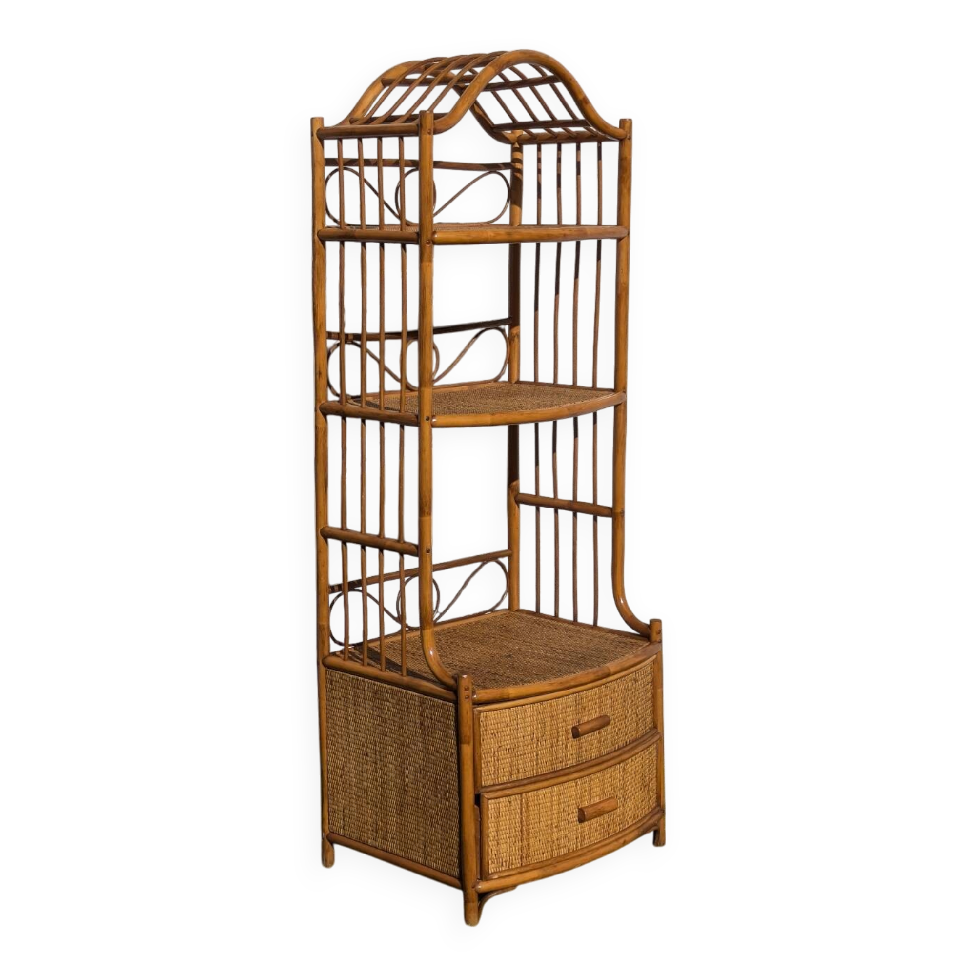 Vintage 1960s Rattan Bamboo Bookcase Shelf Buffet
