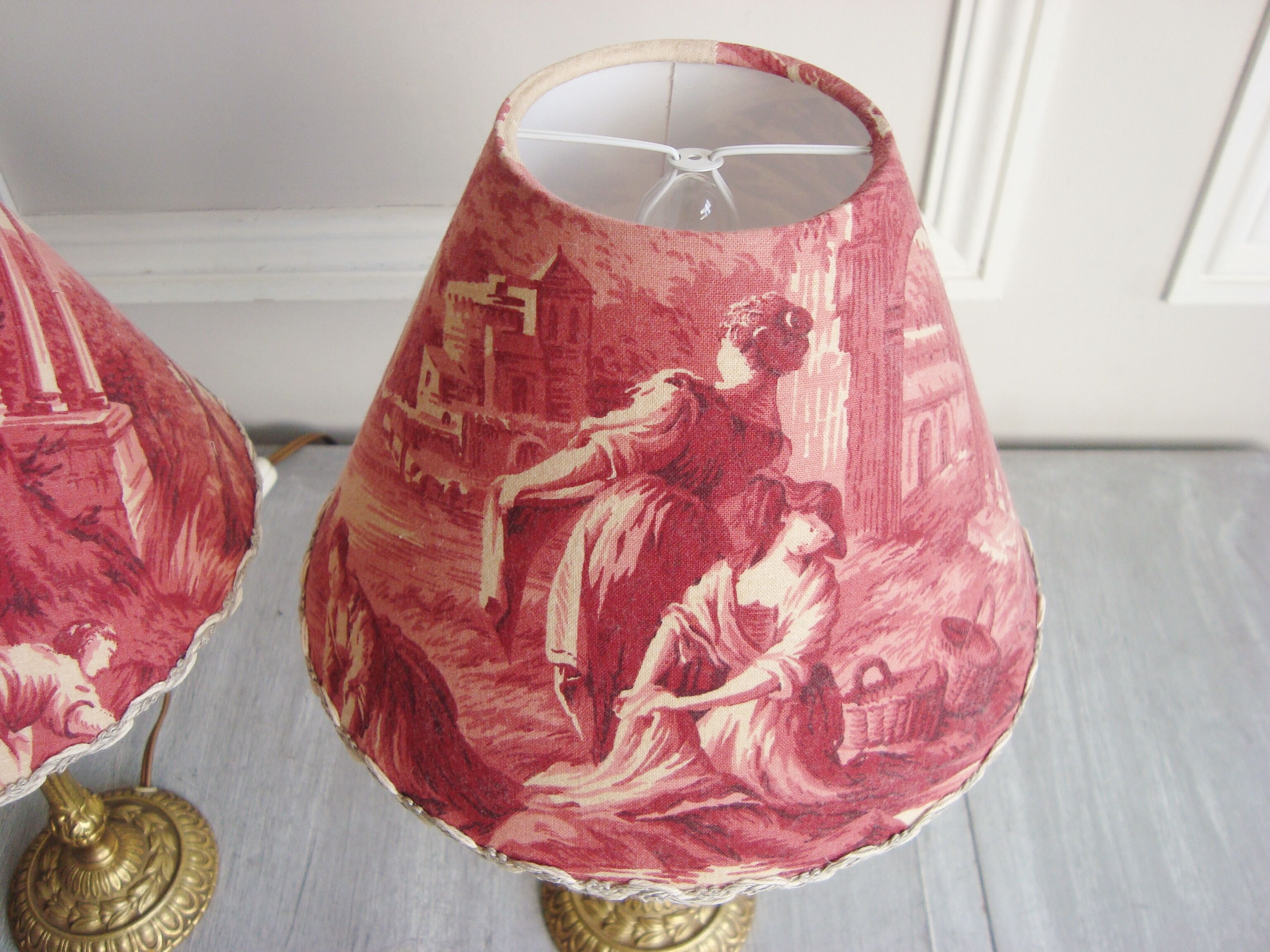 Pair of brass lamps with handmade lampshades in vintage toile de Jouy fabric