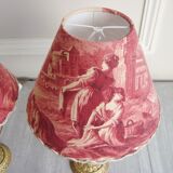 Pair of brass lamps with handmade lampshades in vintage toile de Jouy fabric