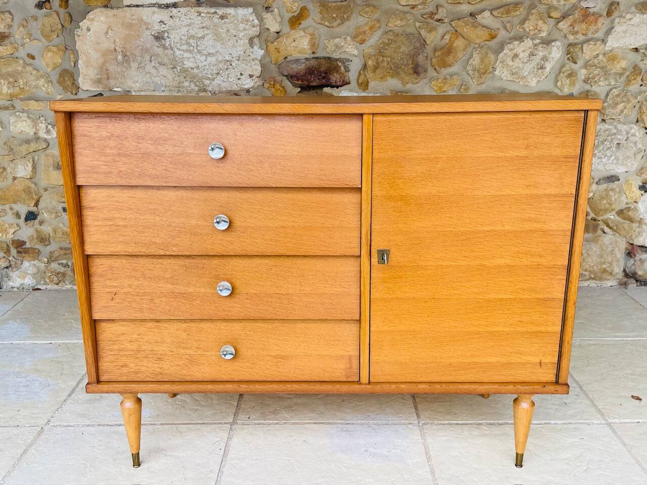 Large vintage chest of drawers with 4 drawers and oak storage, circa 1960s.