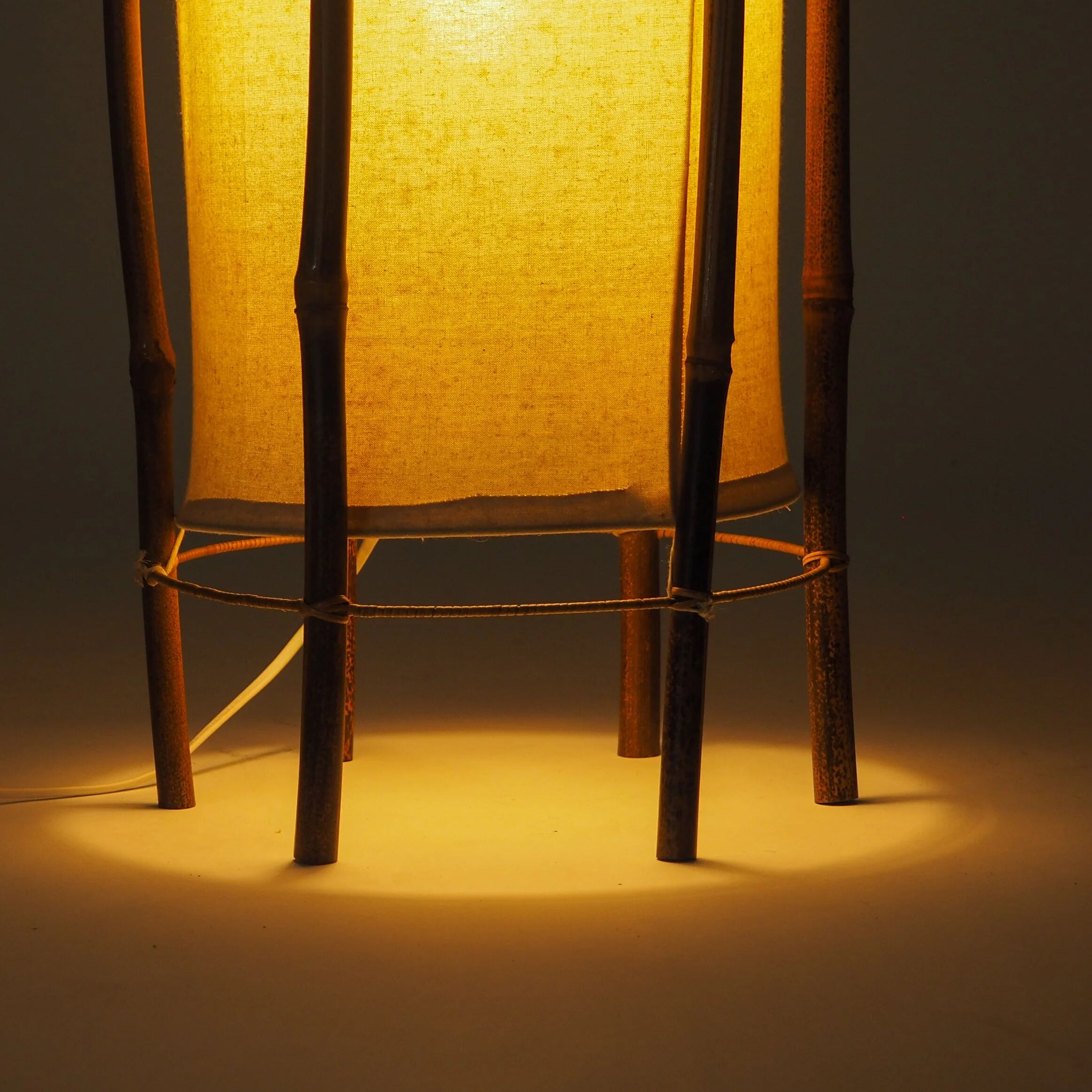 Large bamboo & linen floor lamp by Louis Sognot