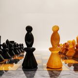 1970s Big Chess Set in Hand Carved Alabaster of Volterra - Black and Brown